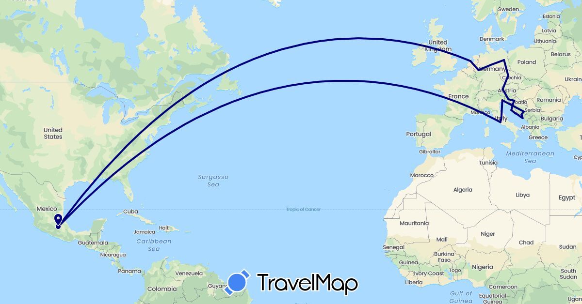 TravelMap itinerary: driving in Austria, Bosnia and Herzegovina, Czech Republic, Germany, Croatia, Italy, Mexico, Netherlands, Slovenia (Europe, North America)